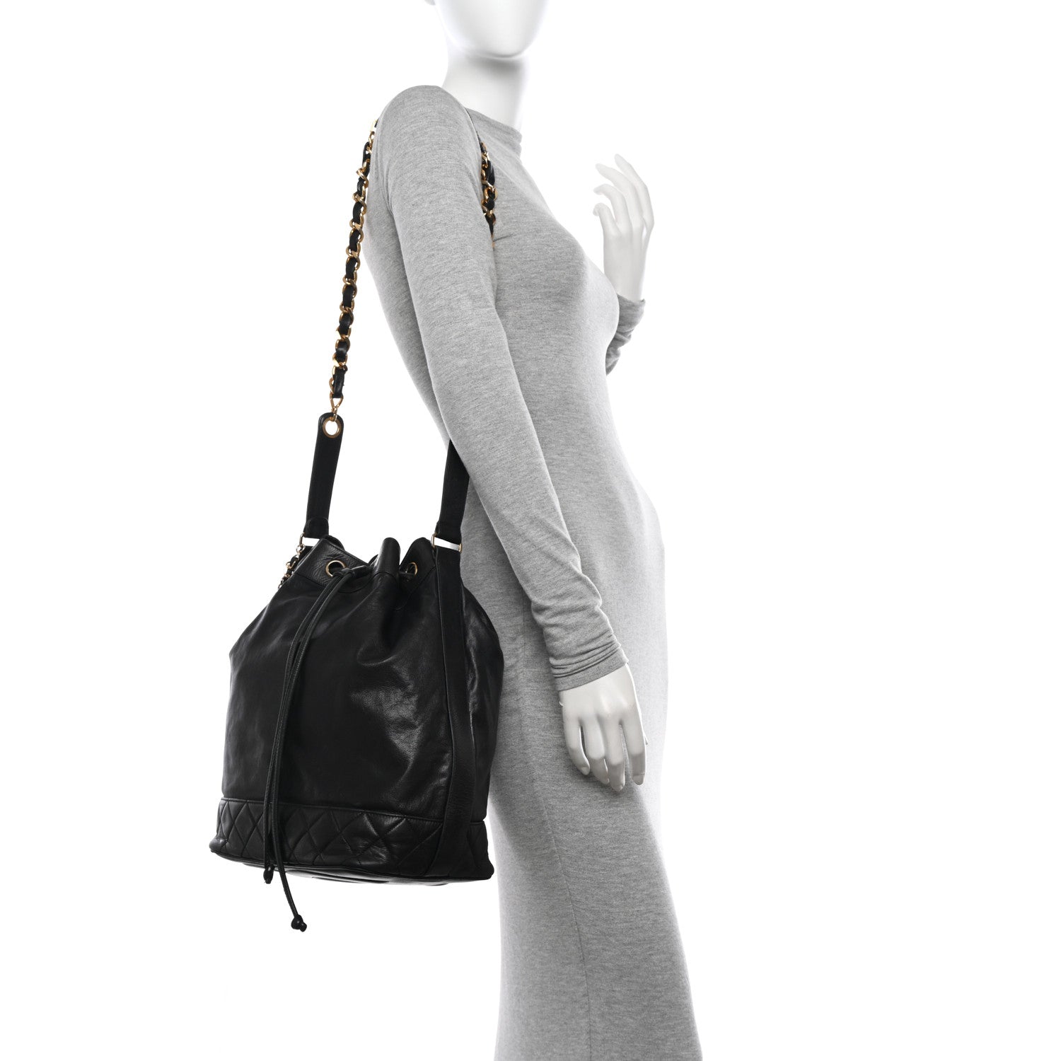 Chanel Lambskin Quilted Drawstring Bucket Bag Black 2 of 12