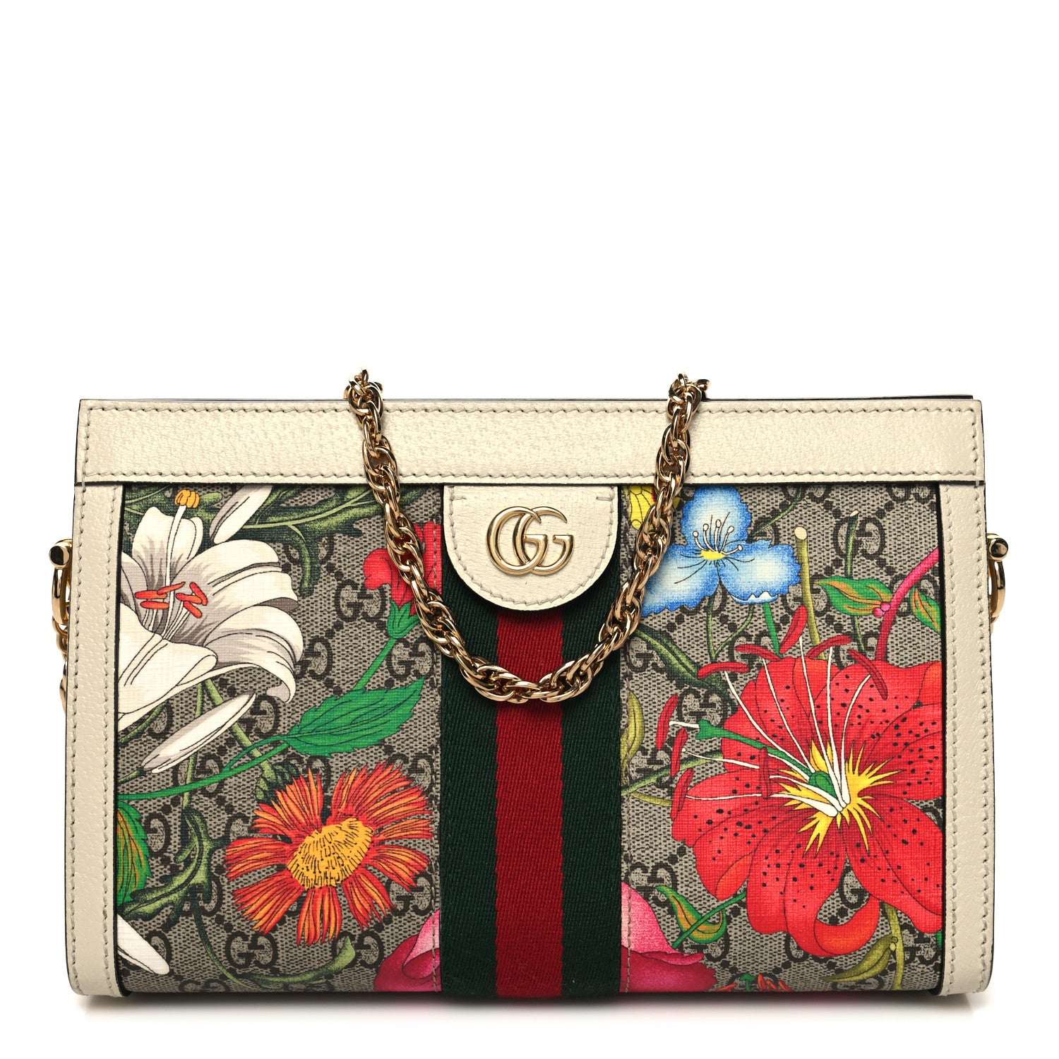 Gucci GG Supreme Monogram Flora Web Small Ophidia Chain Shoulder Bag White 1 of 11