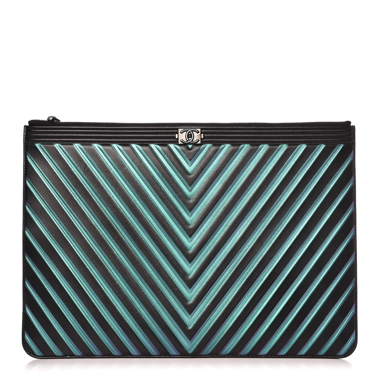 Calfskin Painted Chevron Embossed Large Boy Zip Pouch Black