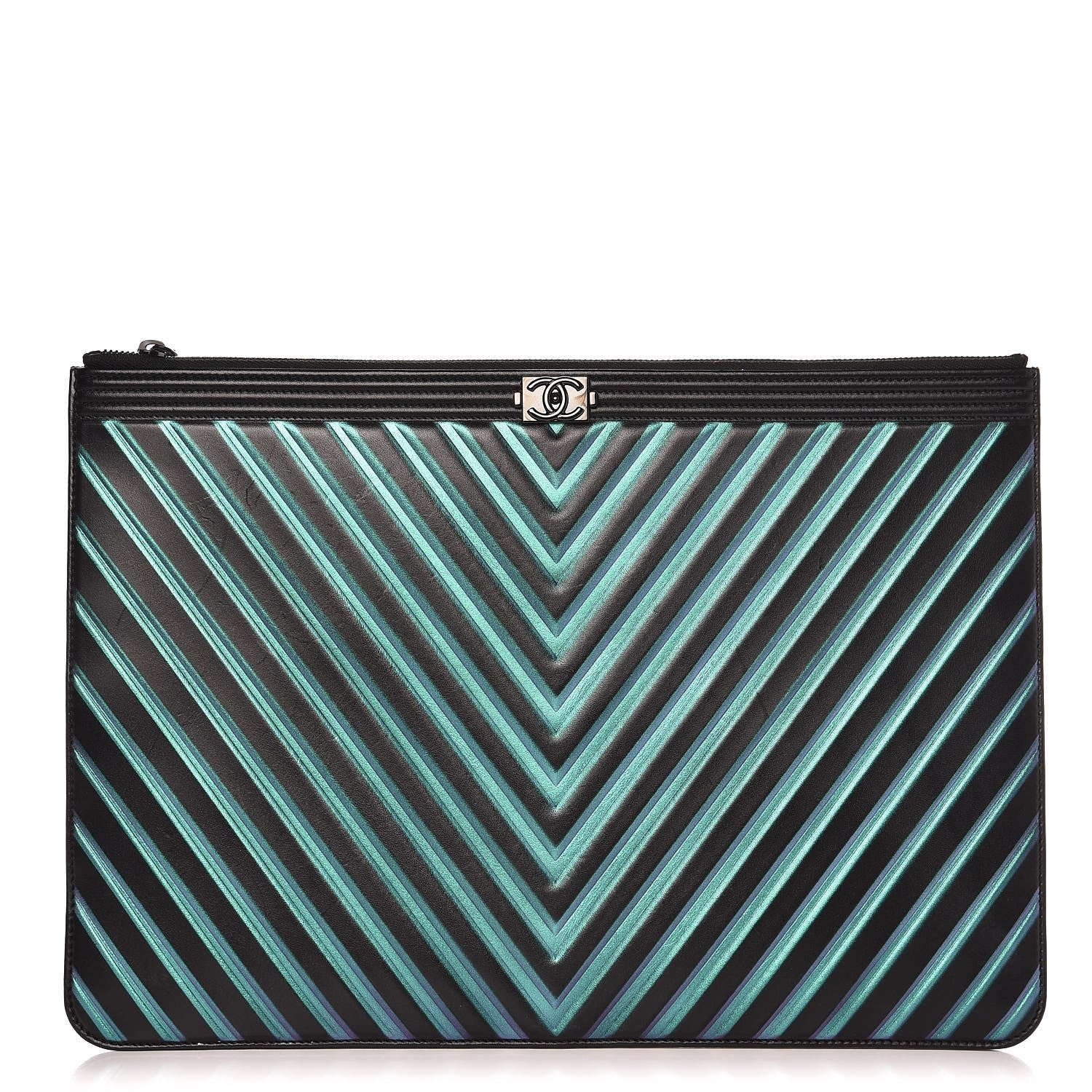 Chanel Calfskin Painted Chevron Embossed Large Boy Zip Pouch Black 1 of 10