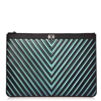 Chanel Calfskin Painted Chevron Embossed Large Boy Zip Pouch Black 1 of 10