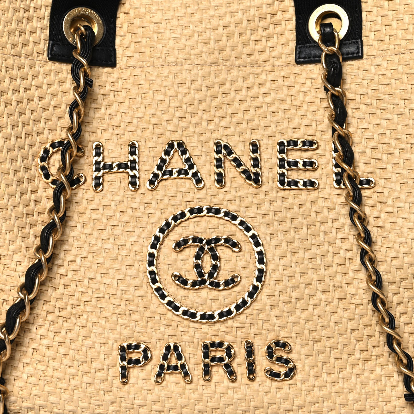Straw Raffia Calfskin Chain Medium Deauville Tote Beige Black