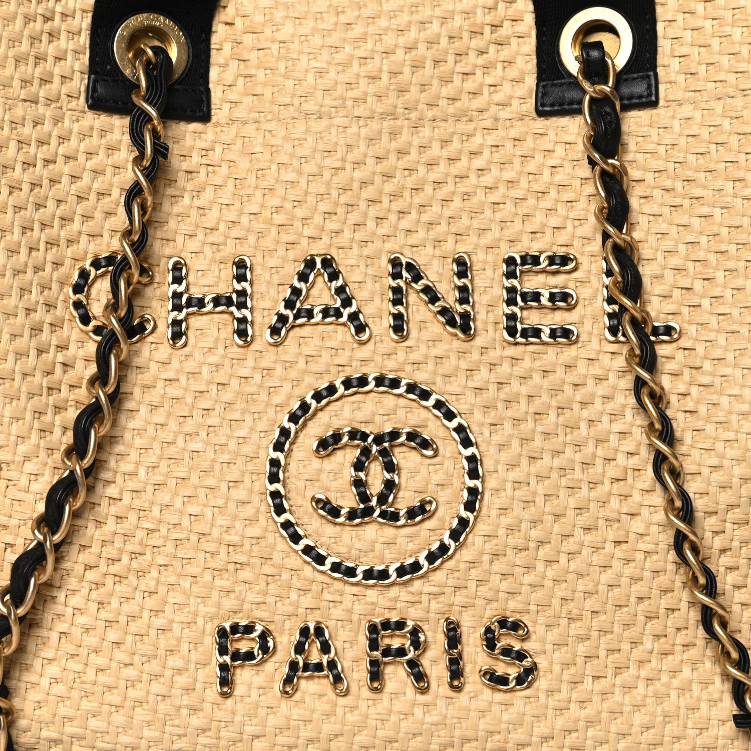Chanel Straw Raffia Calfskin Chain Medium Deauville Tote Beige Black 8 of 11