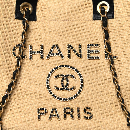 Chanel Straw Raffia Calfskin Chain Medium Deauville Tote Beige Black 8 of 11
