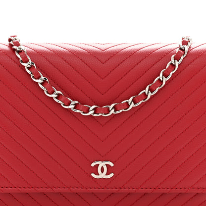 Chanel Caviar Chevron Quilted Wallet On Chain WOC Dark Red 8 of 11