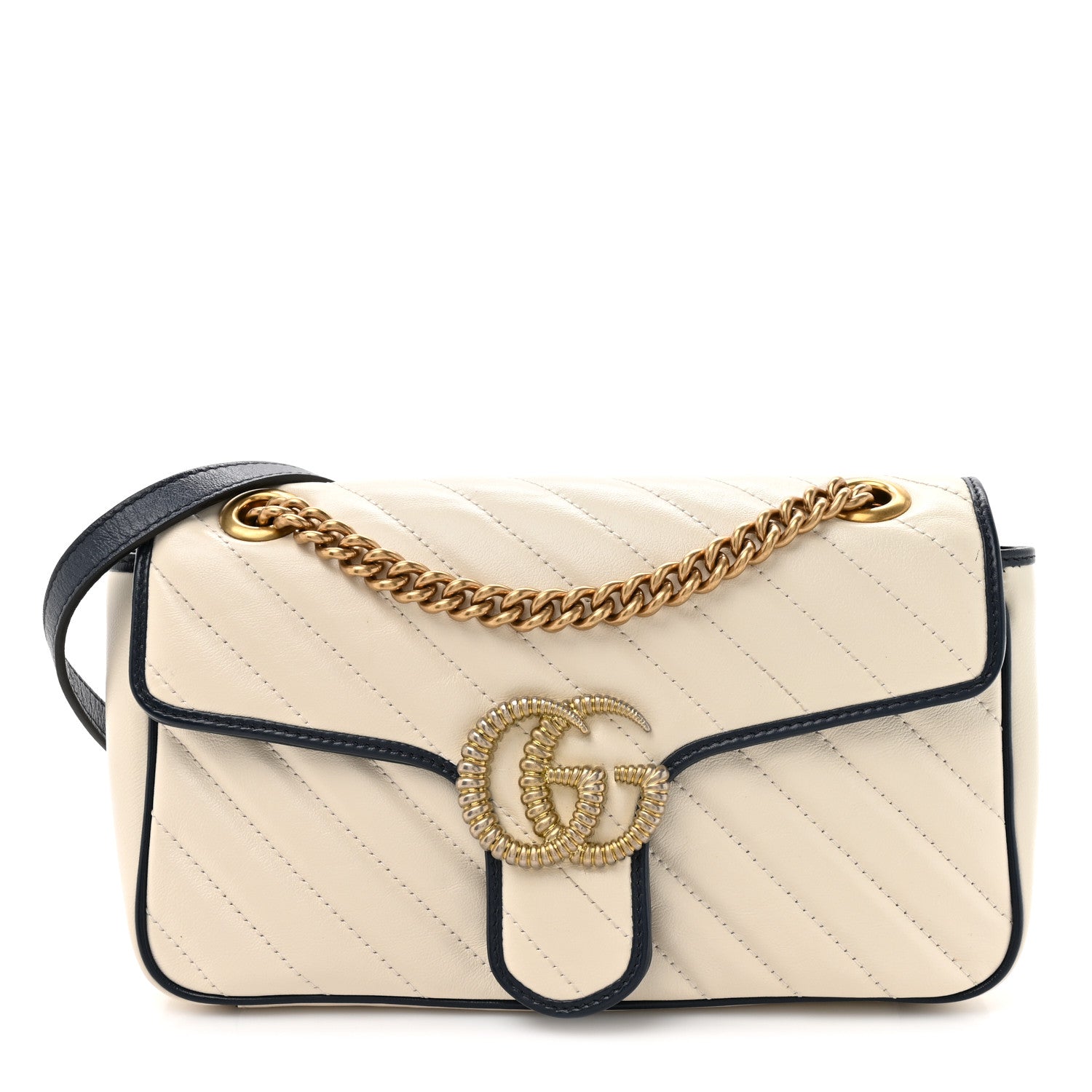 Gucci Vintage Effect Calfskin Matelasse Diagonal Small Torchon GG Marmont Shoulder Bag Mystic White Blue Agata 1 of 12