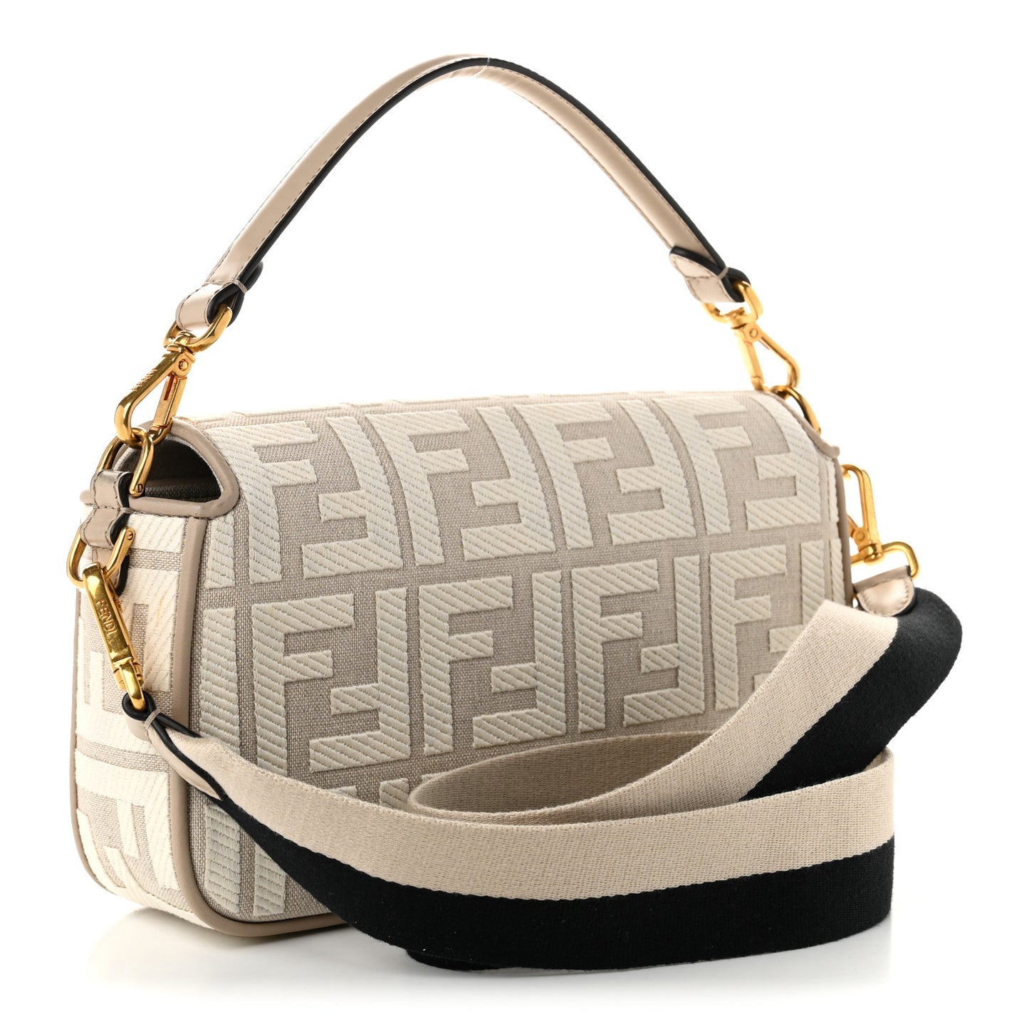 Canvas Vitello King FF Embroidered Baguette Grezzo White Nuvola