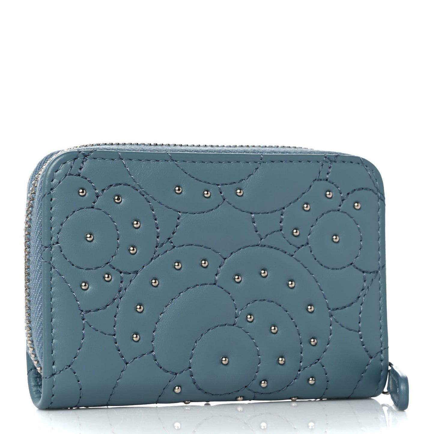 Lambskin Camellia Embossed Studded Zip Coin Purse Blue