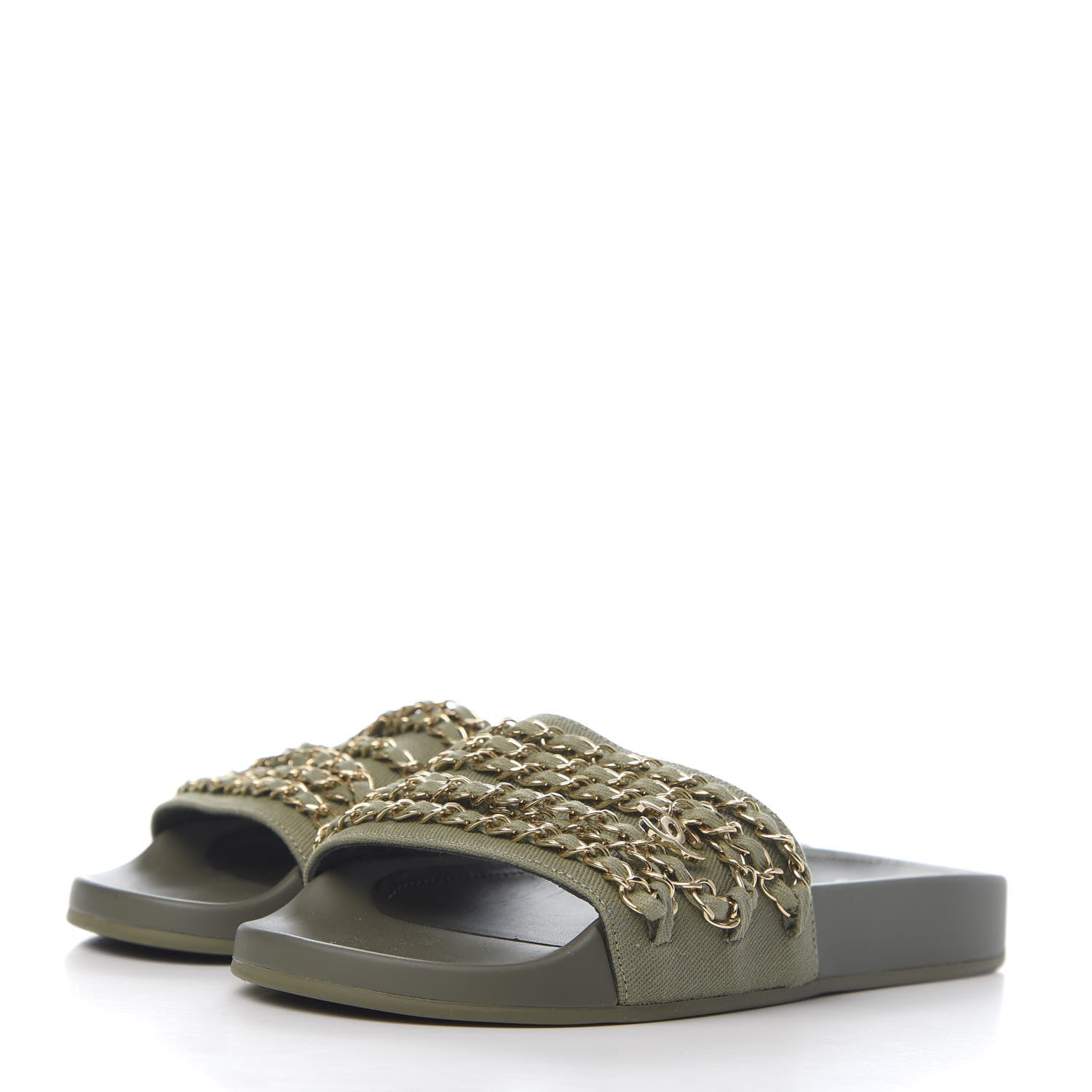 Chanel Canvas Chain Flat Sandals 37 Khaki 3 of 8