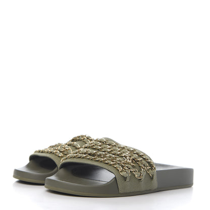 Chanel Canvas Chain Flat Sandals 37 Khaki 3 of 8