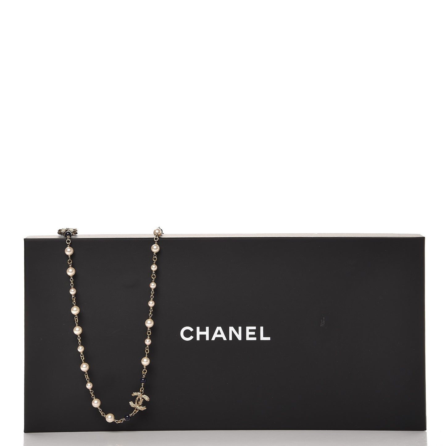 Pearl Bead Crystal CC Long Necklace Navy Gold