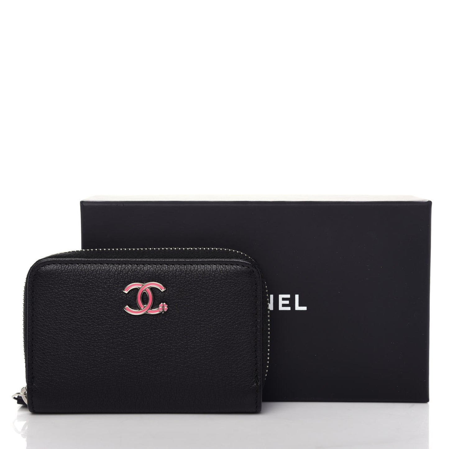 Goatskin Camellia Zip Coin Purse Black
