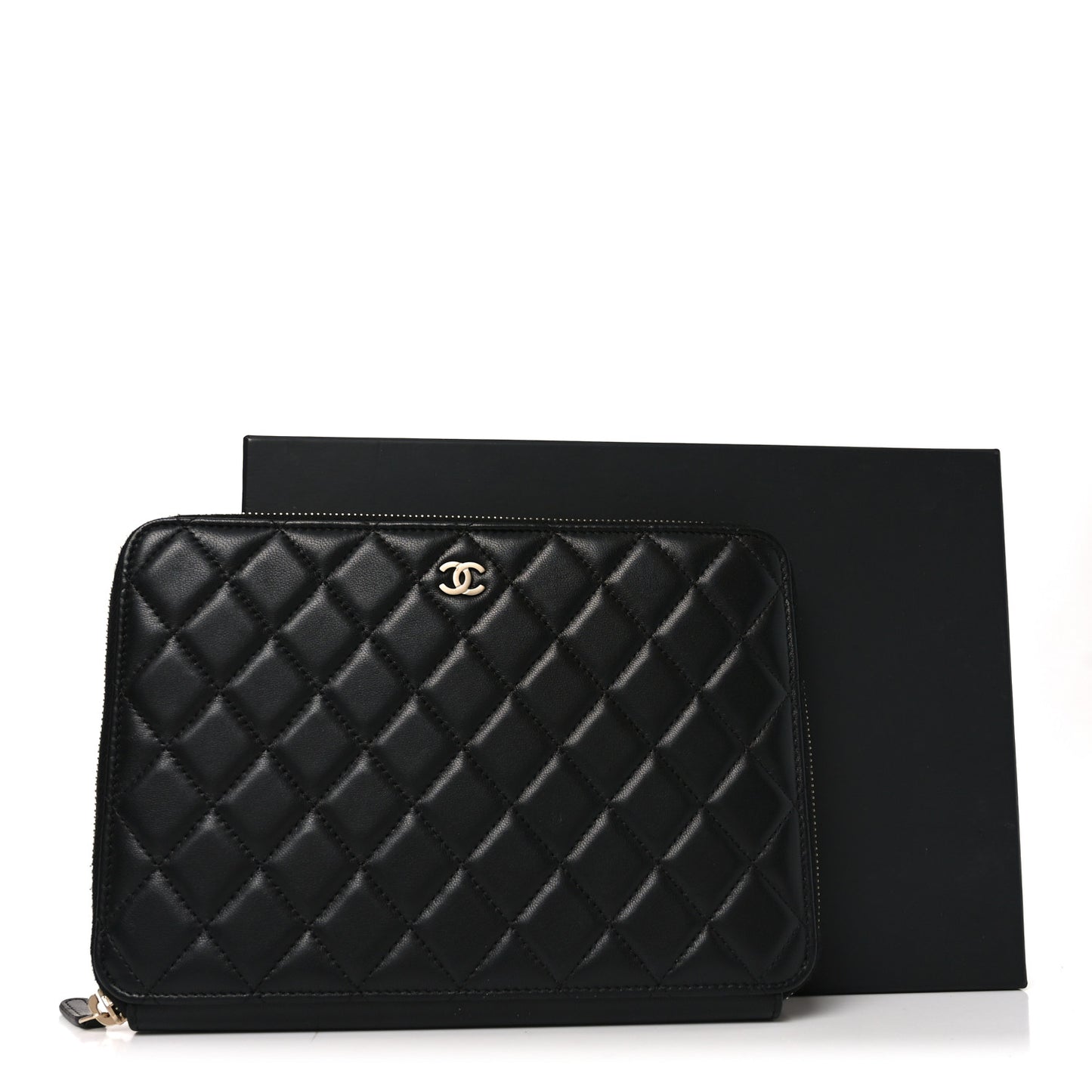 Lambskin Quilted Large Zip Around Organizer Wallet Black