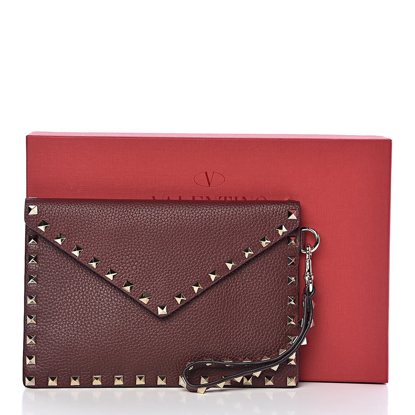 Pebbled Calfskin Medium Rockstud Envelope Flat Wristlet Pouch Rubin