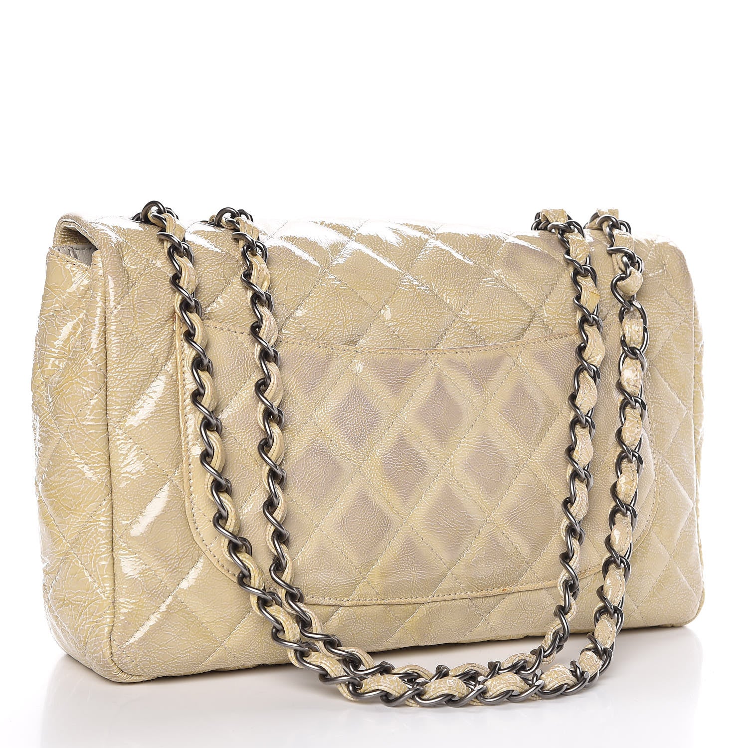 Chanel Crinkled Patent Quilted Jumbo Single Flap Light Beige 3 of 14