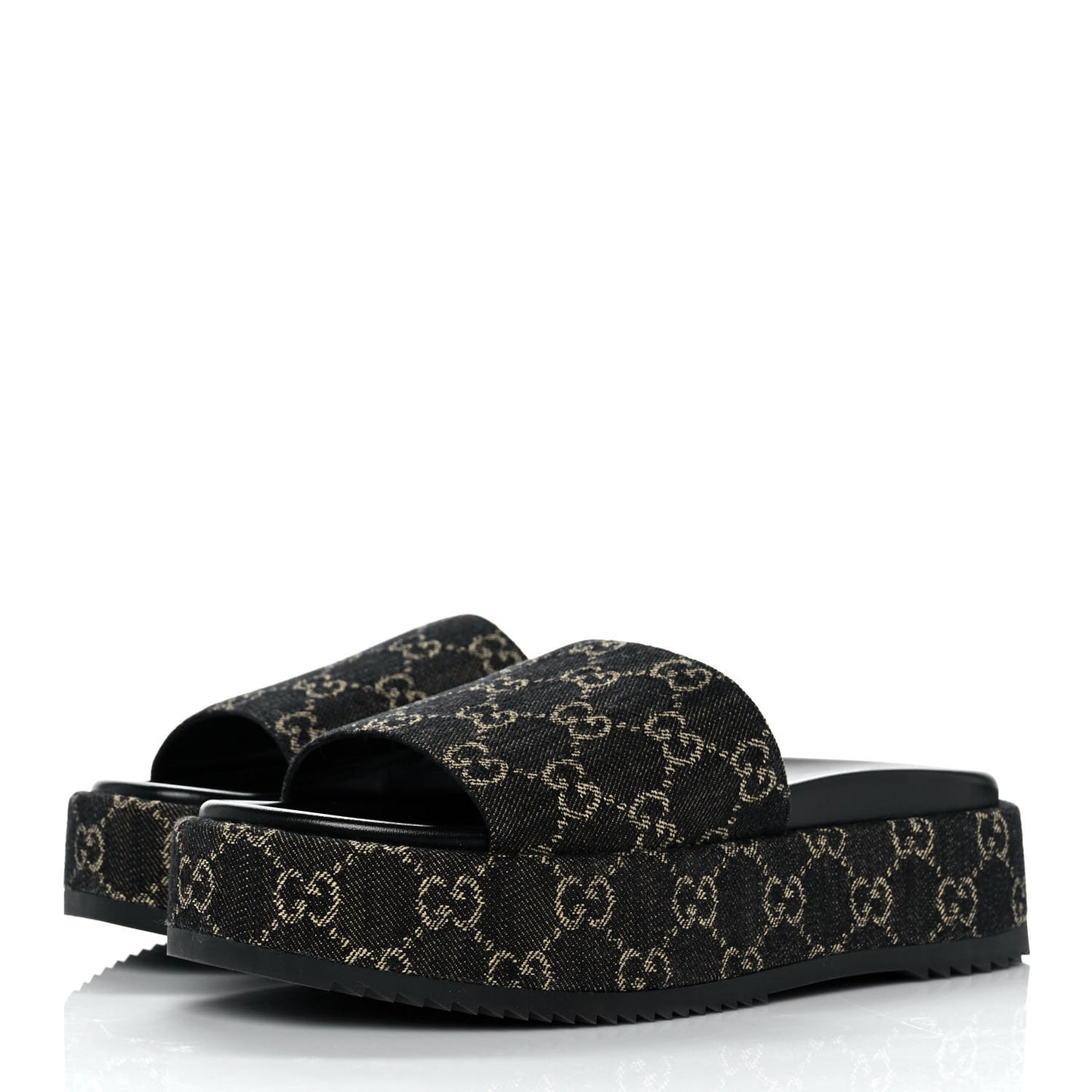 Jacquard Black Denim GG Monogram Angelina Platform 55mm Slide Sandals 40.5 Black Ivory
