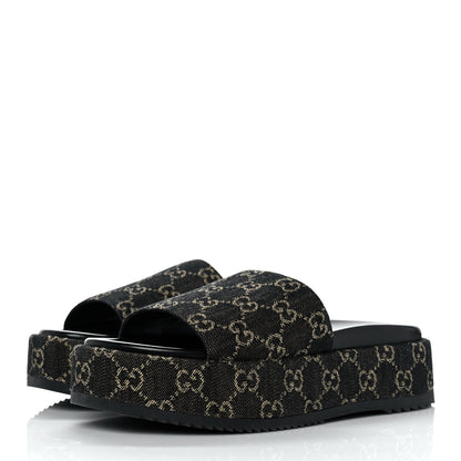 Gucci Jacquard Black Denim GG Monogram Angelina Platform 55mm Slide Sandals 40.5 Black Ivory 3 of 9