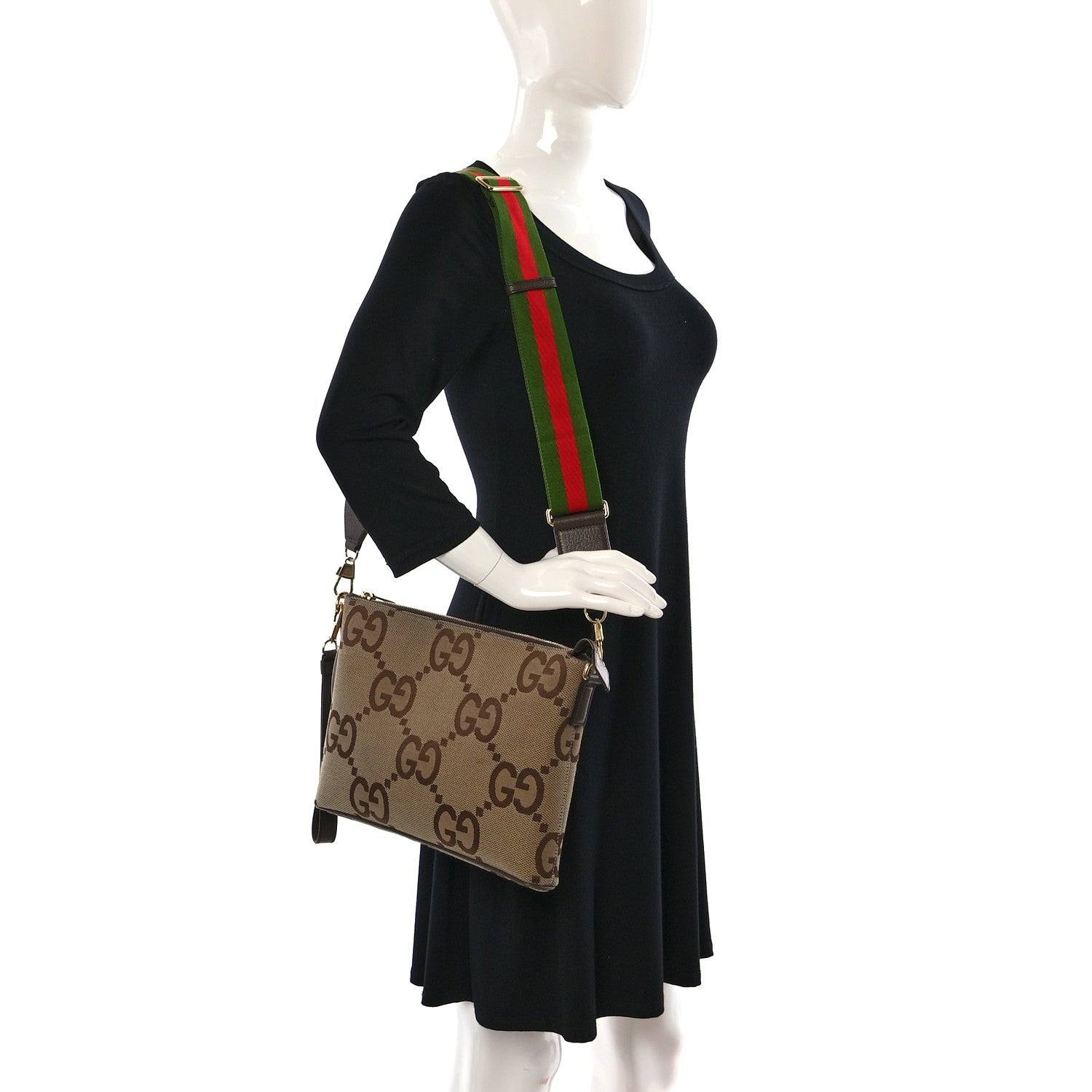 Gucci Monogram Jumbo GG Textured Dollar Calfskin Web Wristlet Messenger Bag Camel Ebony New Acero 2 of 8