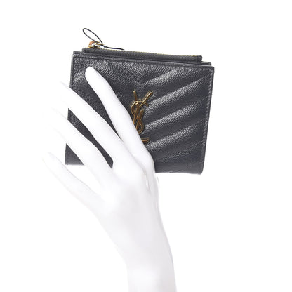 Saint Laurent Grain De Poudre Matelasse Chevron Monogram Zipped Card Case Dark Smog 2 of 8