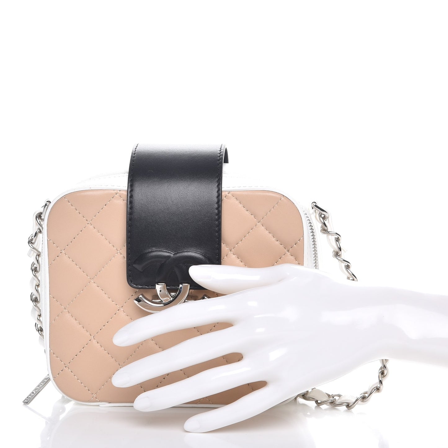 Lambskin Quilted Tri-Color Mini Camera Case Bag Beige