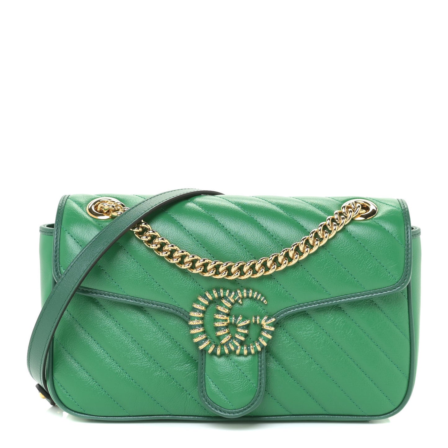 Azalea Calfskin Enamel Matelasse Diagonal Small Torchon GG Marmont Shoulder Bag New Shamarock Emerald