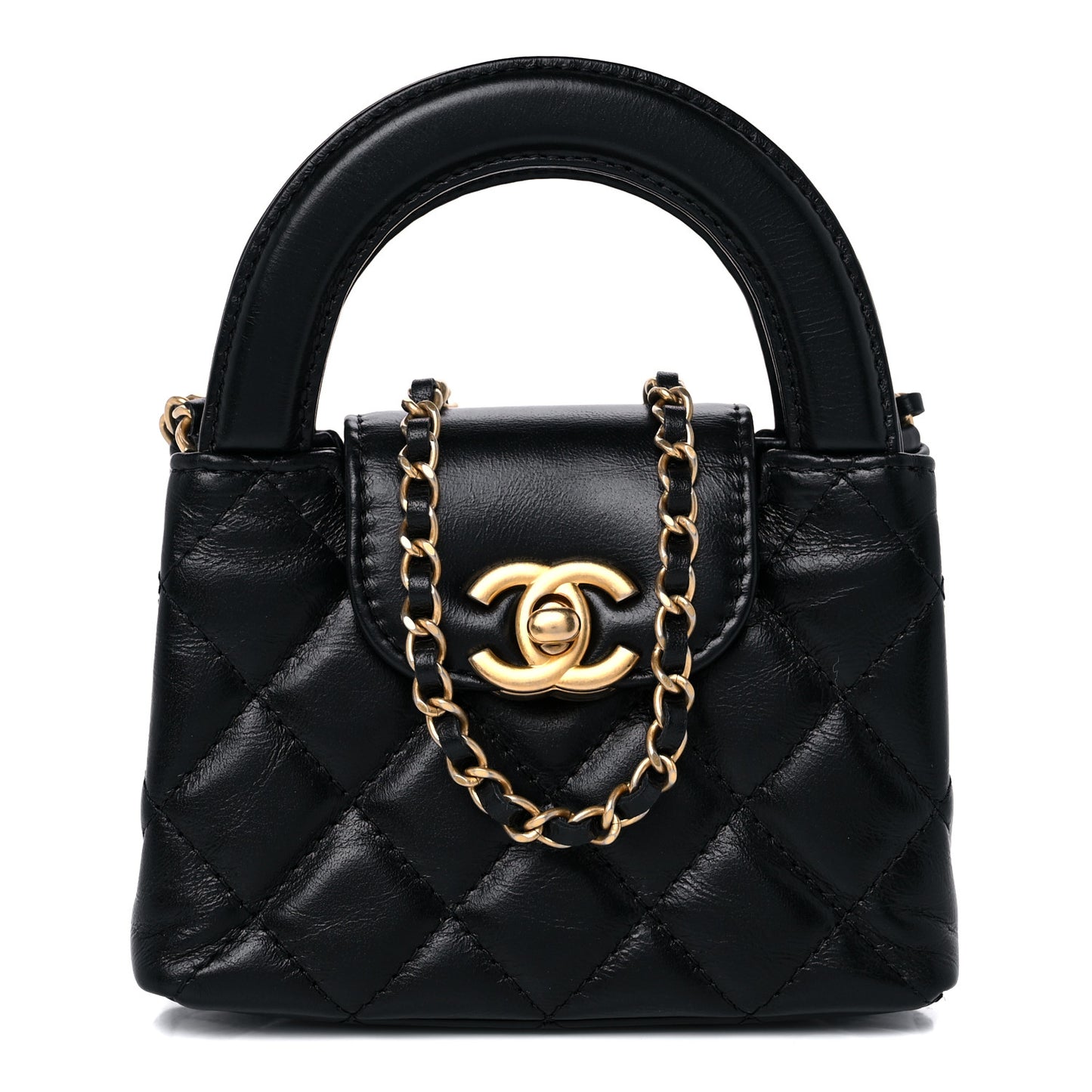 Shiny Aged Calfskin Quilted Mini Nano Kelly Shopper Black