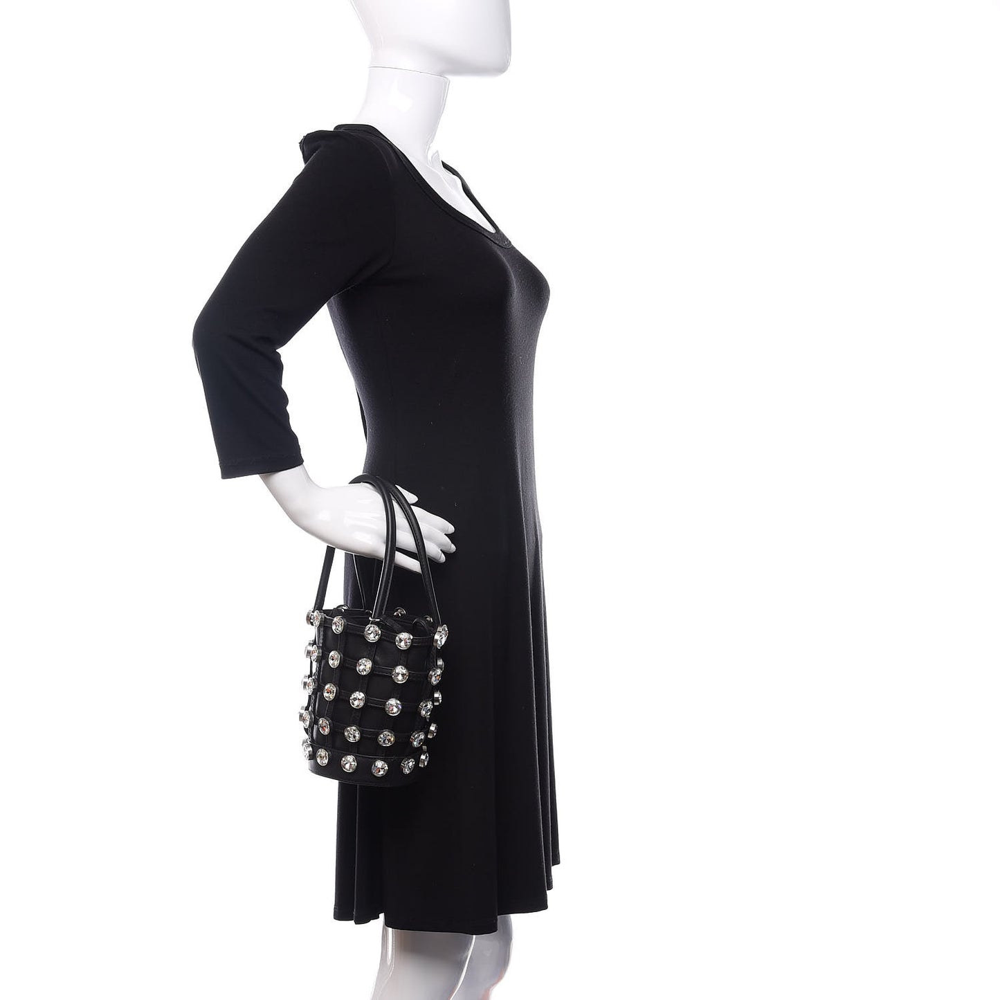 Calfskin Crystal Embellished Roxy Mini Bucket Bag Black