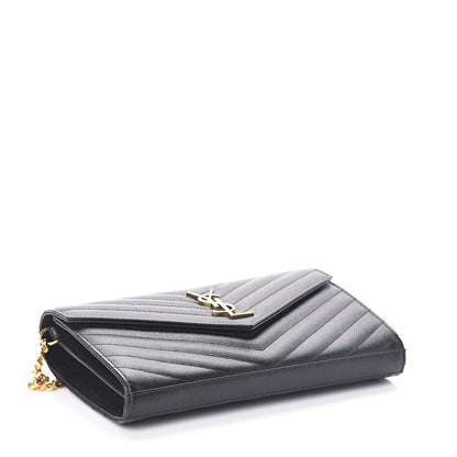 Saint Laurent Grain De Poudre Matelasse Chevron Monogram Chain Wallet Black 4 of 10