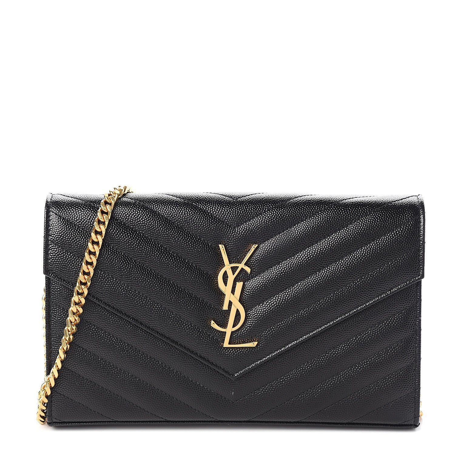 Saint Laurent Grain De Poudre Matelasse Chevron Monogram Chain Wallet Black 1 of 9