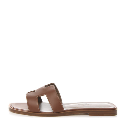 Hermes Box Calfskin Oran Sandals 37 Gold 1 of 9