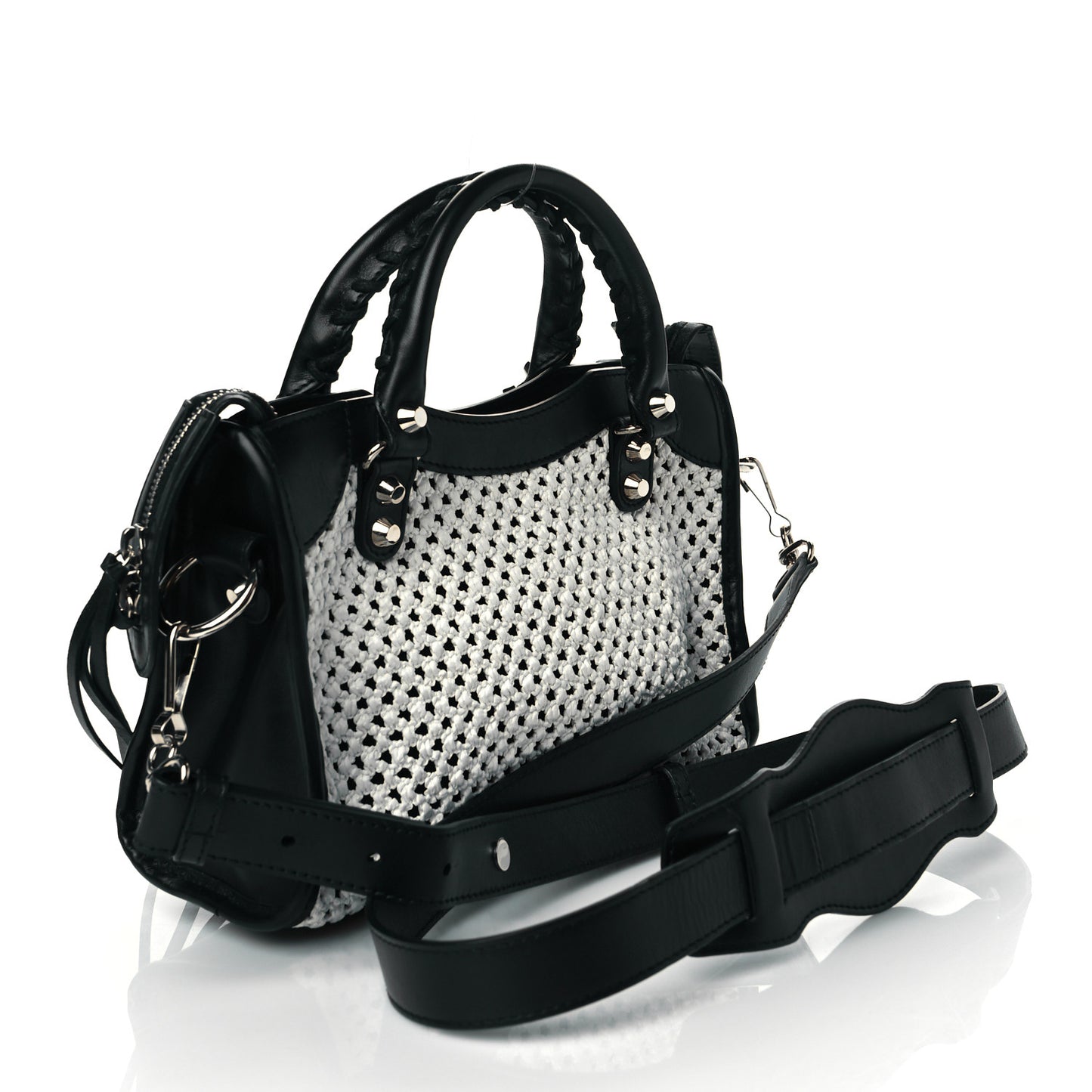 Calfskin Woven Nylon Mesh Classic Silver Hardware Mini City Black White