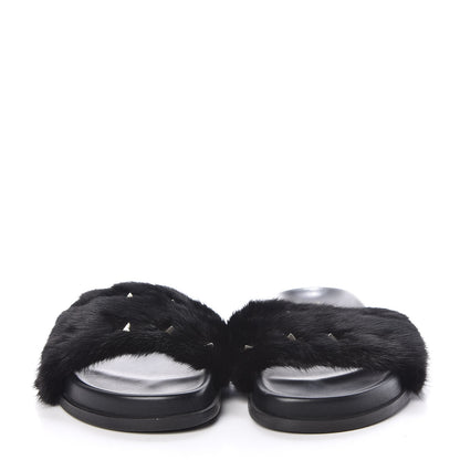 Valentino Garavani Mink Fur Rockstud Slide Sandals 38 Black 2 of 8