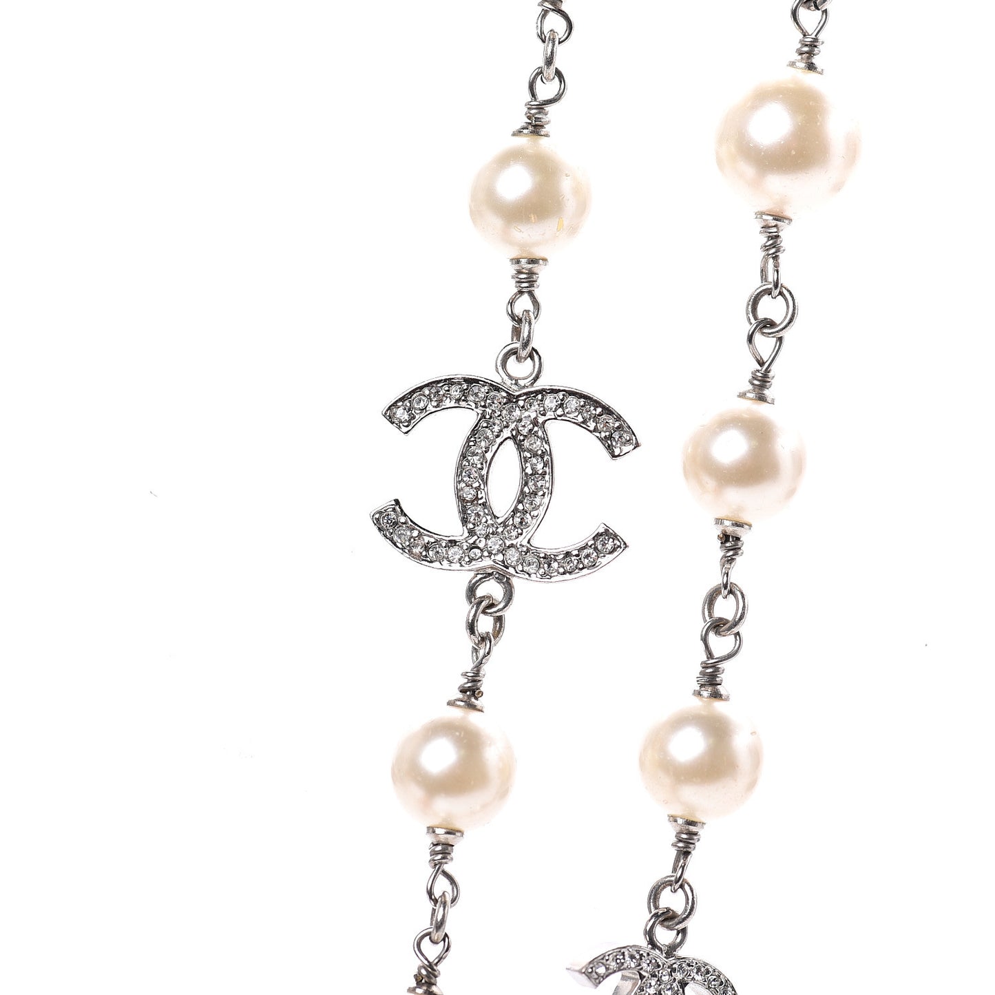 Crystal Pearl CC Long Necklace Silver