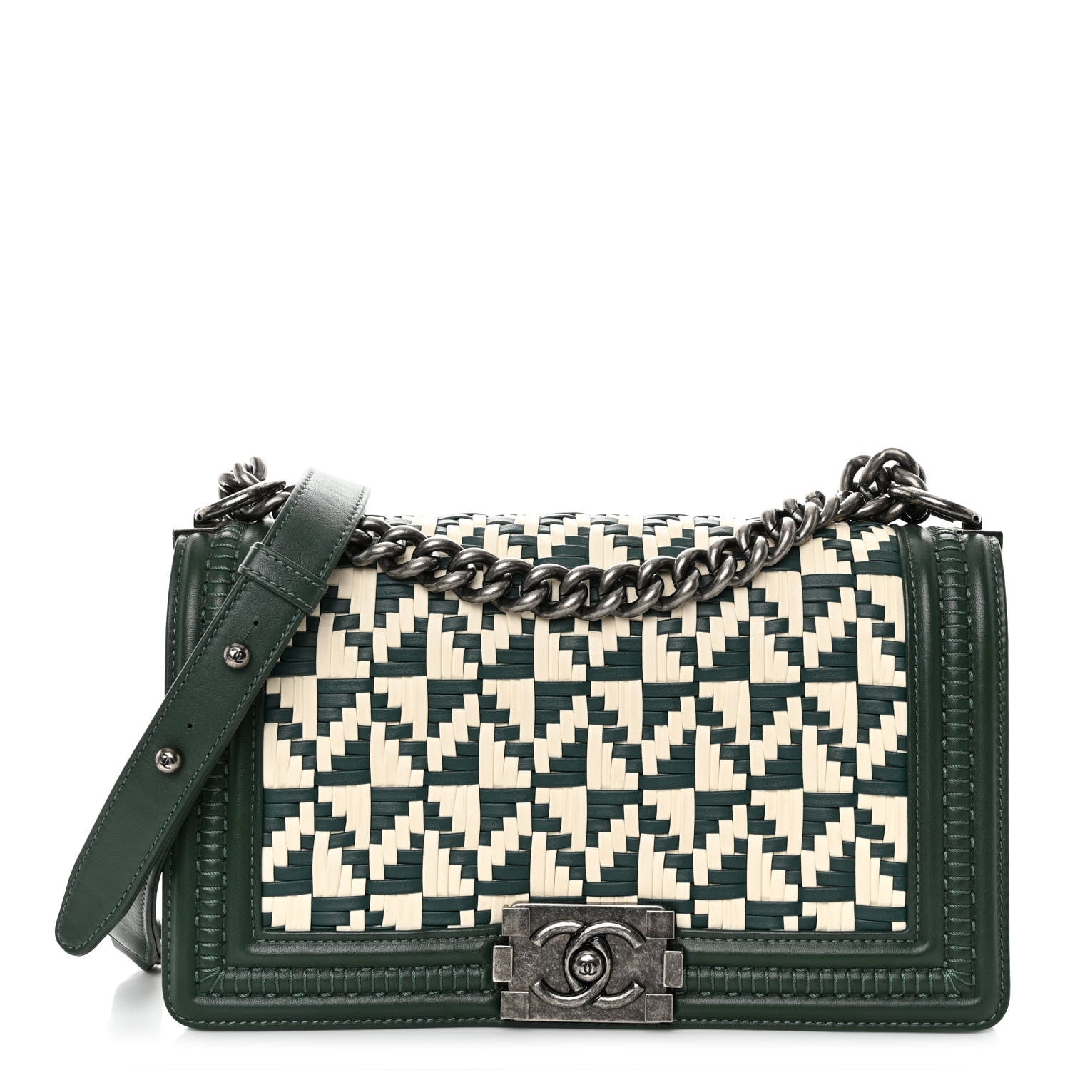 Chanel Calfskin Woven Medium Boy Flap Green White 1 of 10