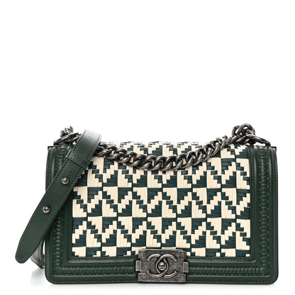 Chanel Calfskin Woven Medium Boy Flap Green White 1 of 10