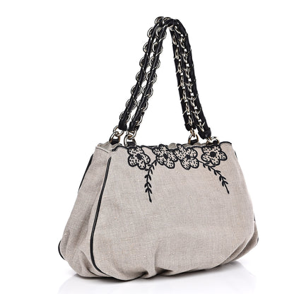 Fendi Linen Embroidered Small Mia Tote Black 3 of 16