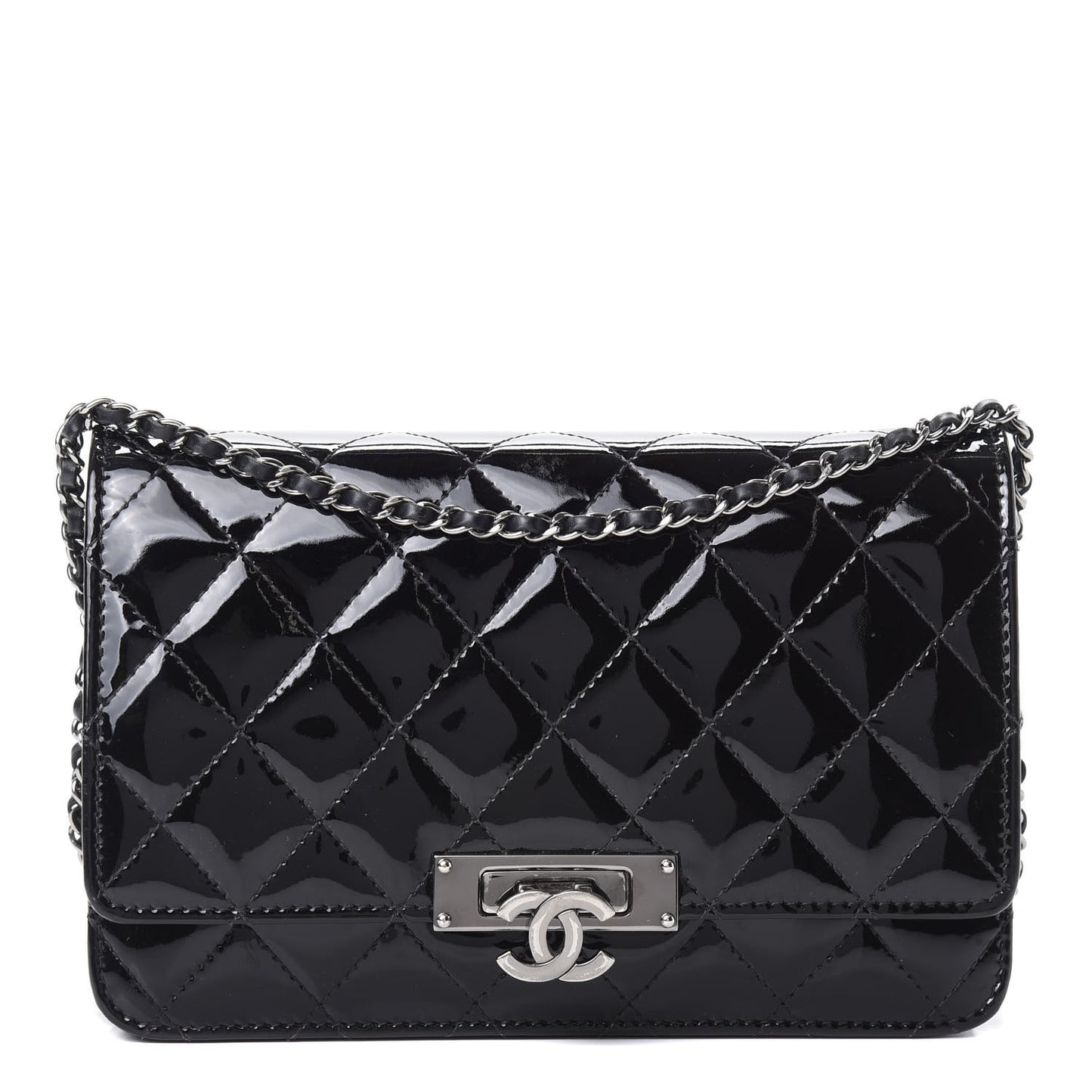 Patent Quilted Golden Class Wallet on Chain WOC Black