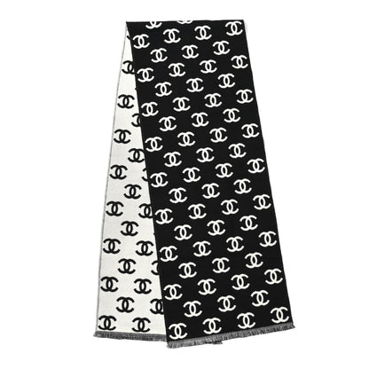 Chanel Wool Cashmere CC Scarf Black White 2 of 3