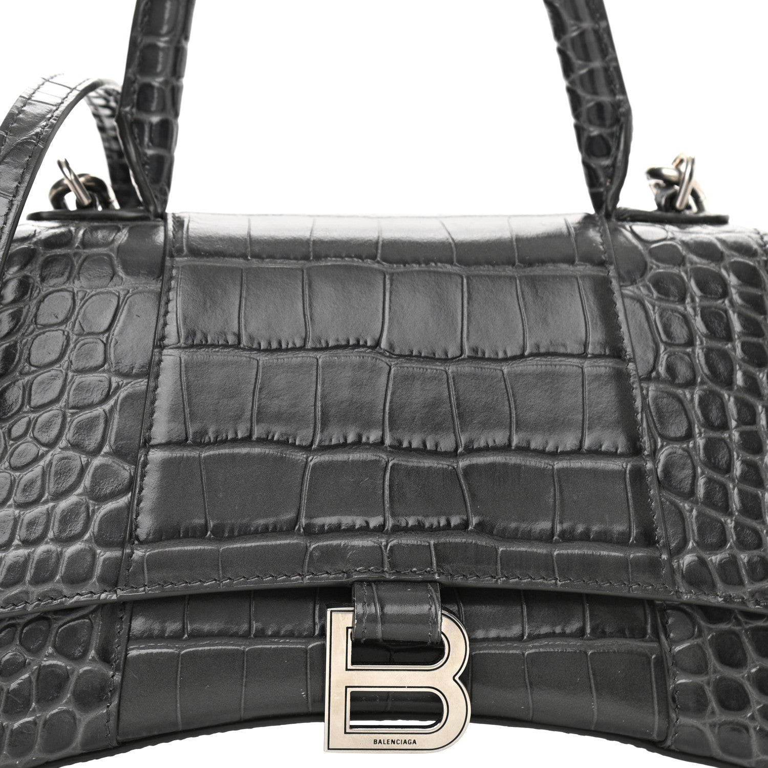 Balenciaga Shiny Calfskin Crocodile Embossed Small Hourglass Top Handle Bag Dark Grey 7 of 10