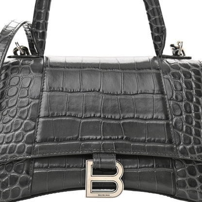Balenciaga Shiny Calfskin Crocodile Embossed Small Hourglass Top Handle Bag Dark Grey 7 of 10