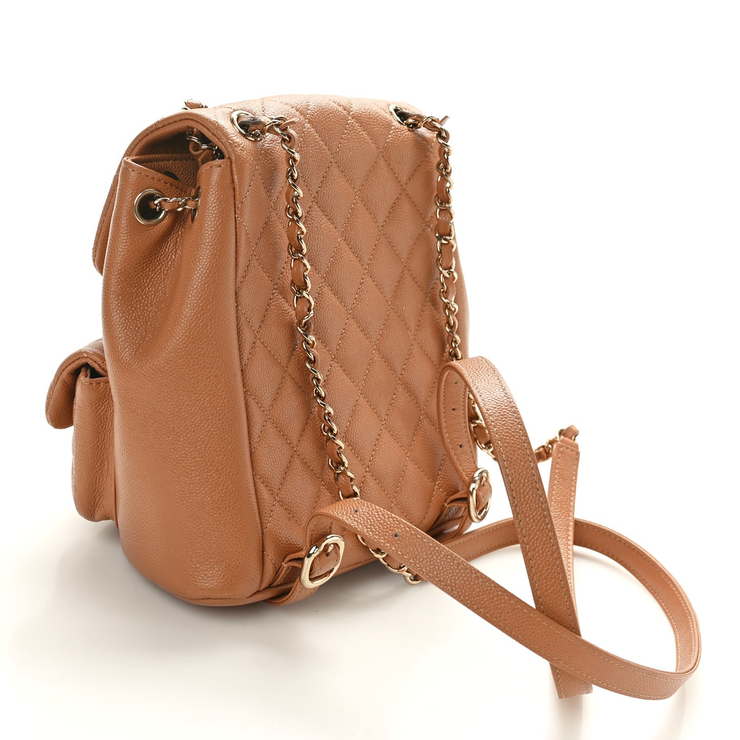 Shiny Caviar Quilted Medium Duma Pockets Drawstring Backpack Dark Beige