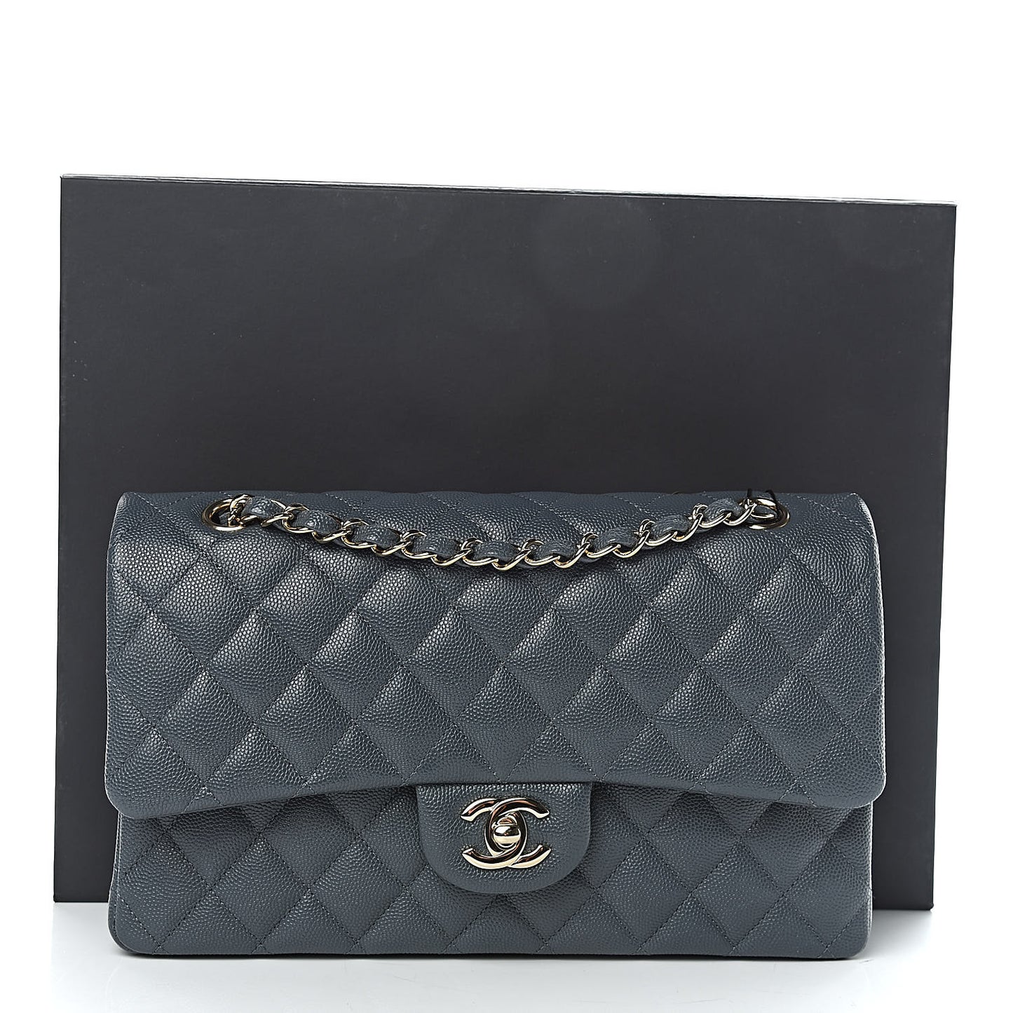 Caviar Quilted Medium Double Flap Dark Grey