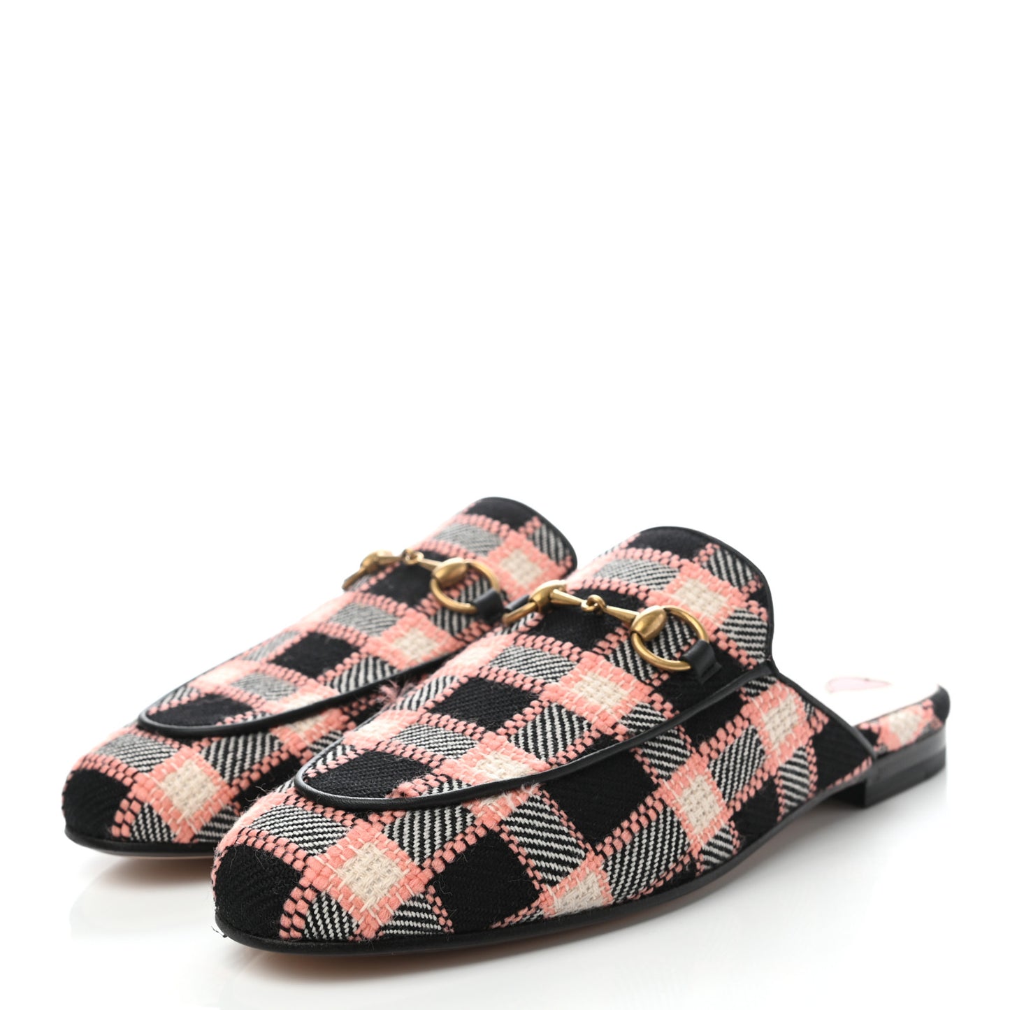 Tweed Calfskin Damier Womens Princetown Slippers 36.5 Black Pink Multicolor