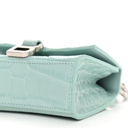 Balenciaga Shiny Calfskin Crocodile Embossed Hourglass Top Handle Bag Mini with Chain Green Acqua 10 of 10