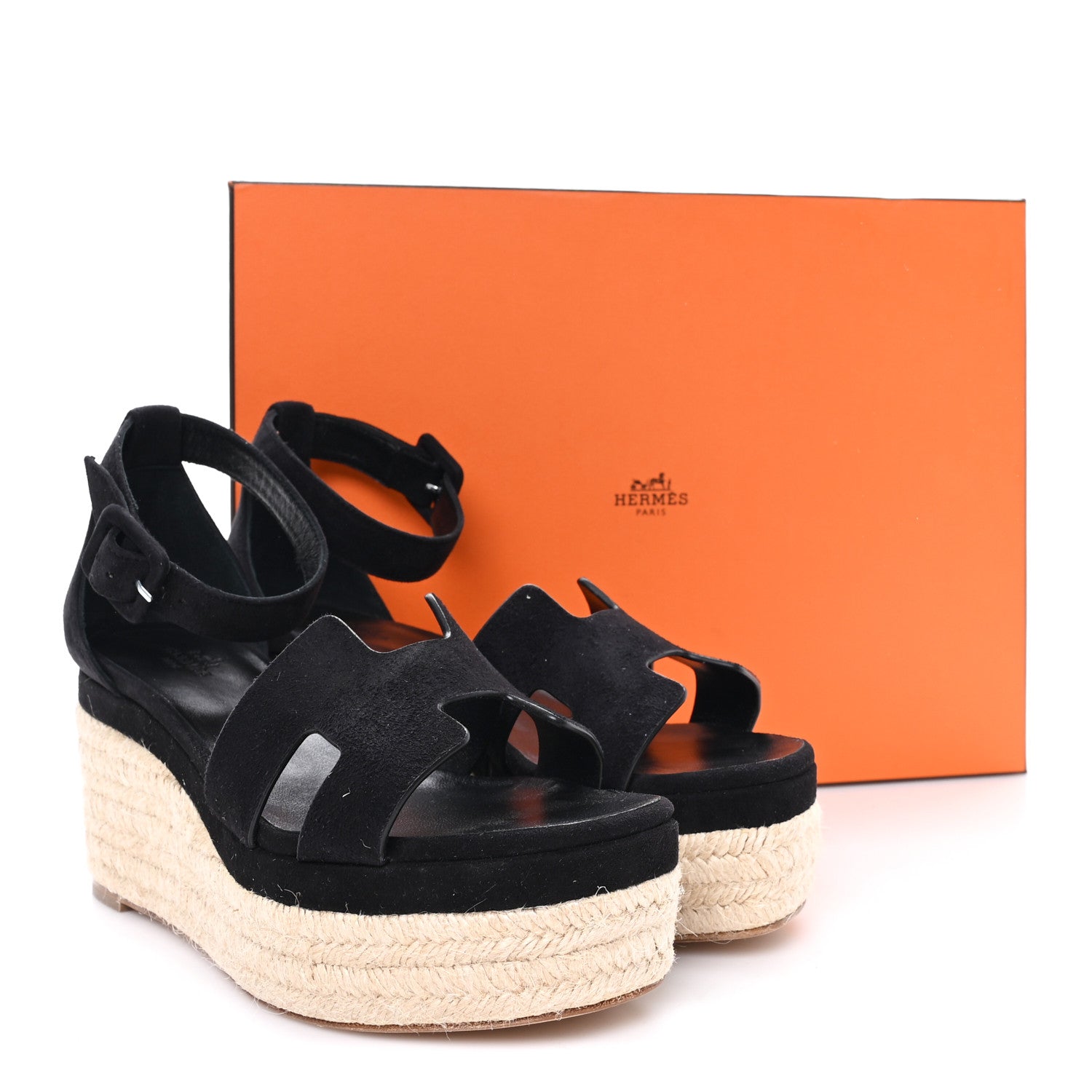 Hermes Goatskin Elda Espadrille Wedge Sandals 37 Black 1855612