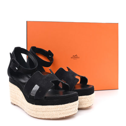 Hermes Goatskin Elda Espadrille Wedge Sandals 37 Black 10 of 10