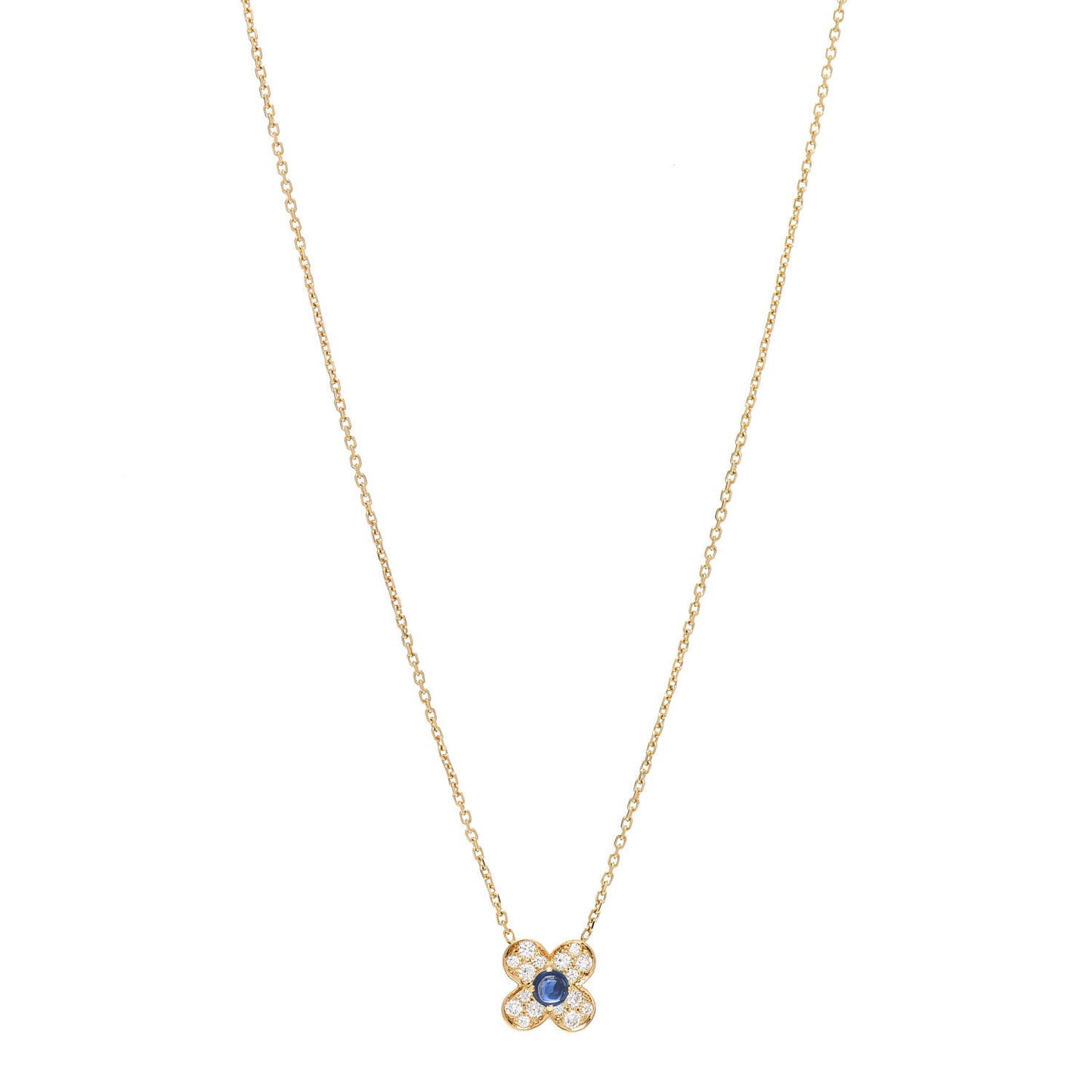 18K Yellow Gold Diamond Blue Sapphire Trefle Pendant Necklace