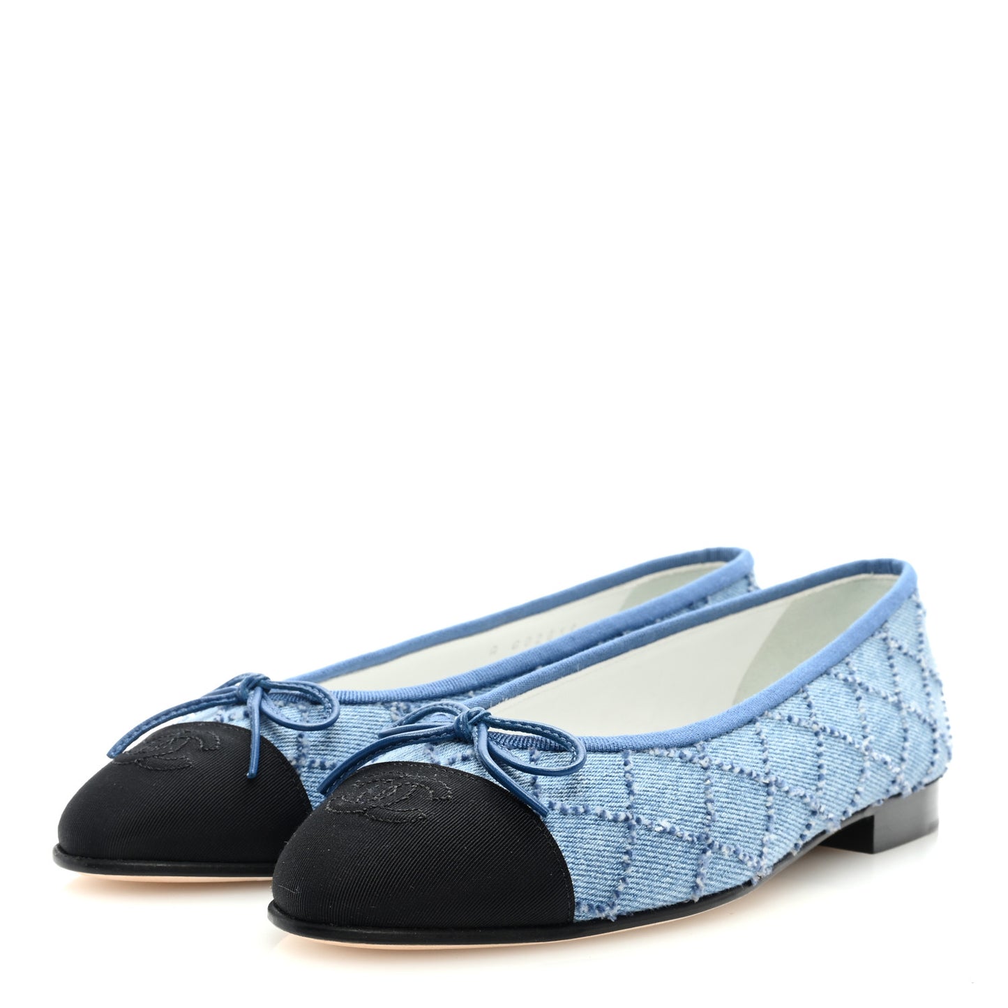 Denim Embroidered Grosgrain CC Cap Toe Ballerina Flats 37.5 Blue Black