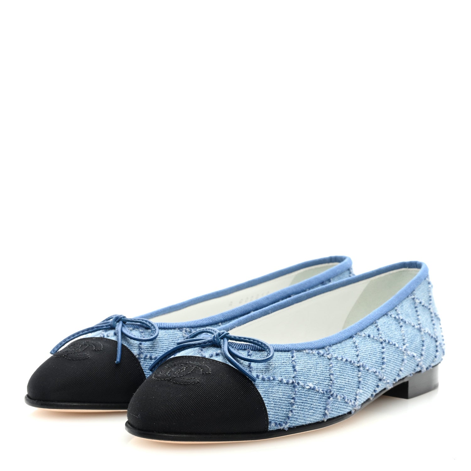 Chanel Denim Embroidered Grosgrain CC Cap Toe Ballerina Flats 37.5 Blue Black 2 of 9
