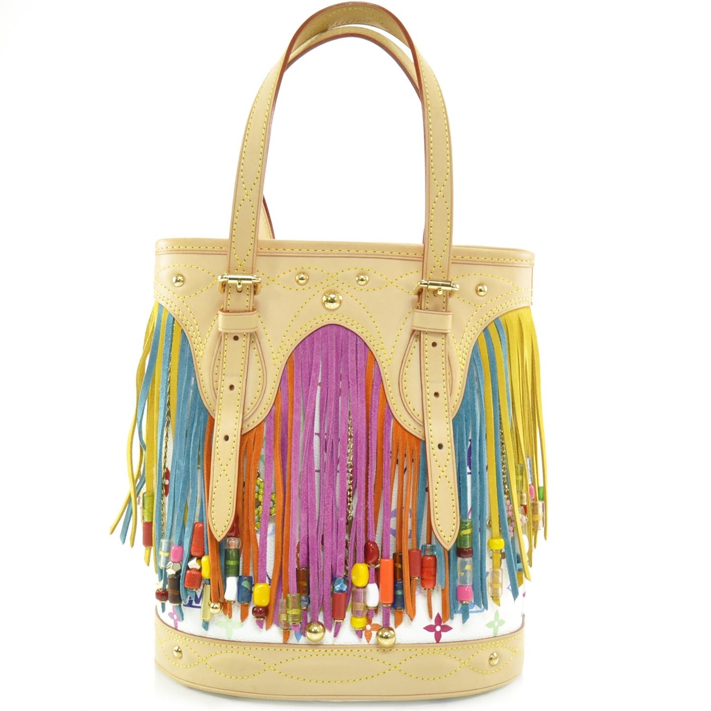 Monogram Multicolor Fringe Bucket White